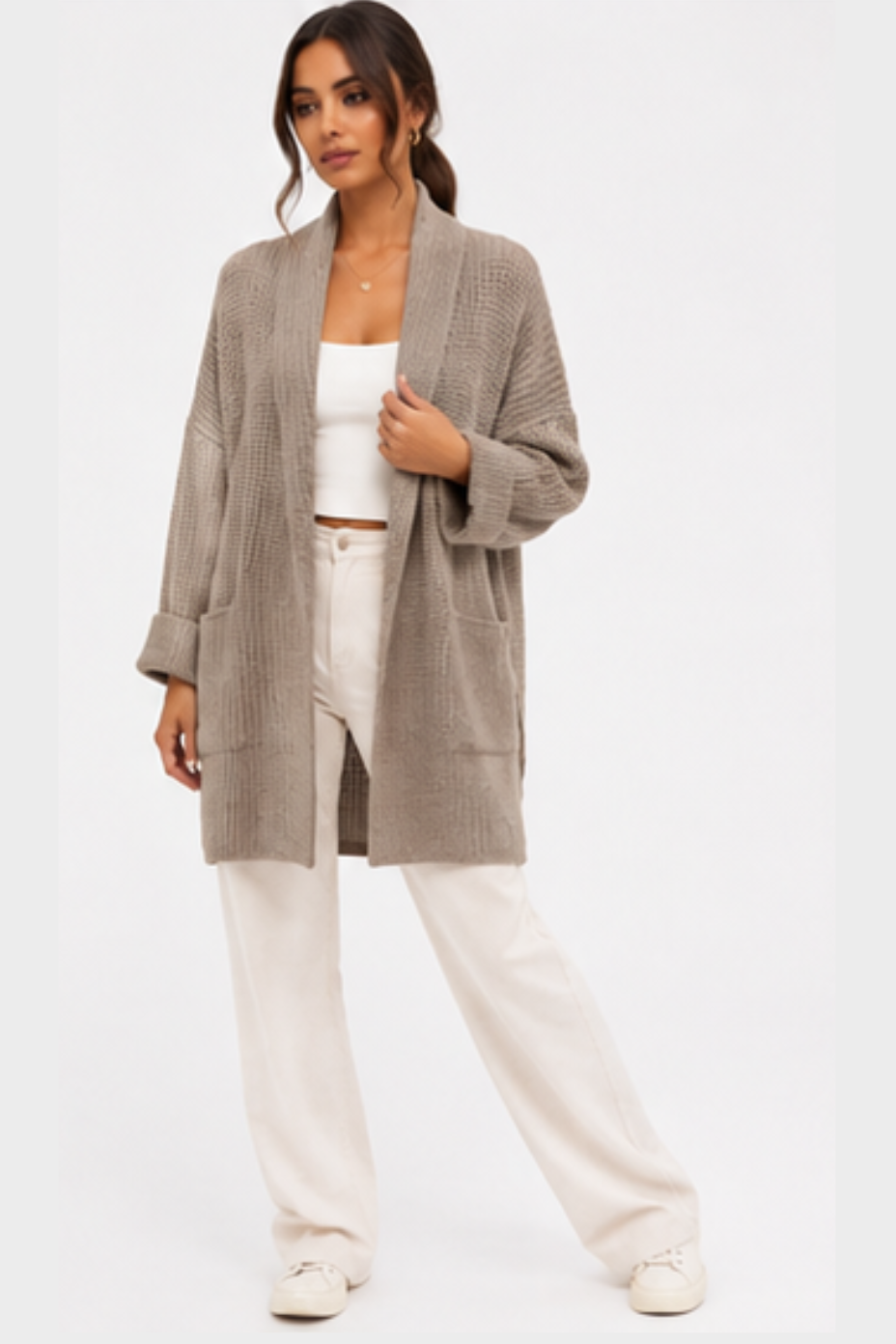 Giacca Cardigan Lungo in Maglia Waffle